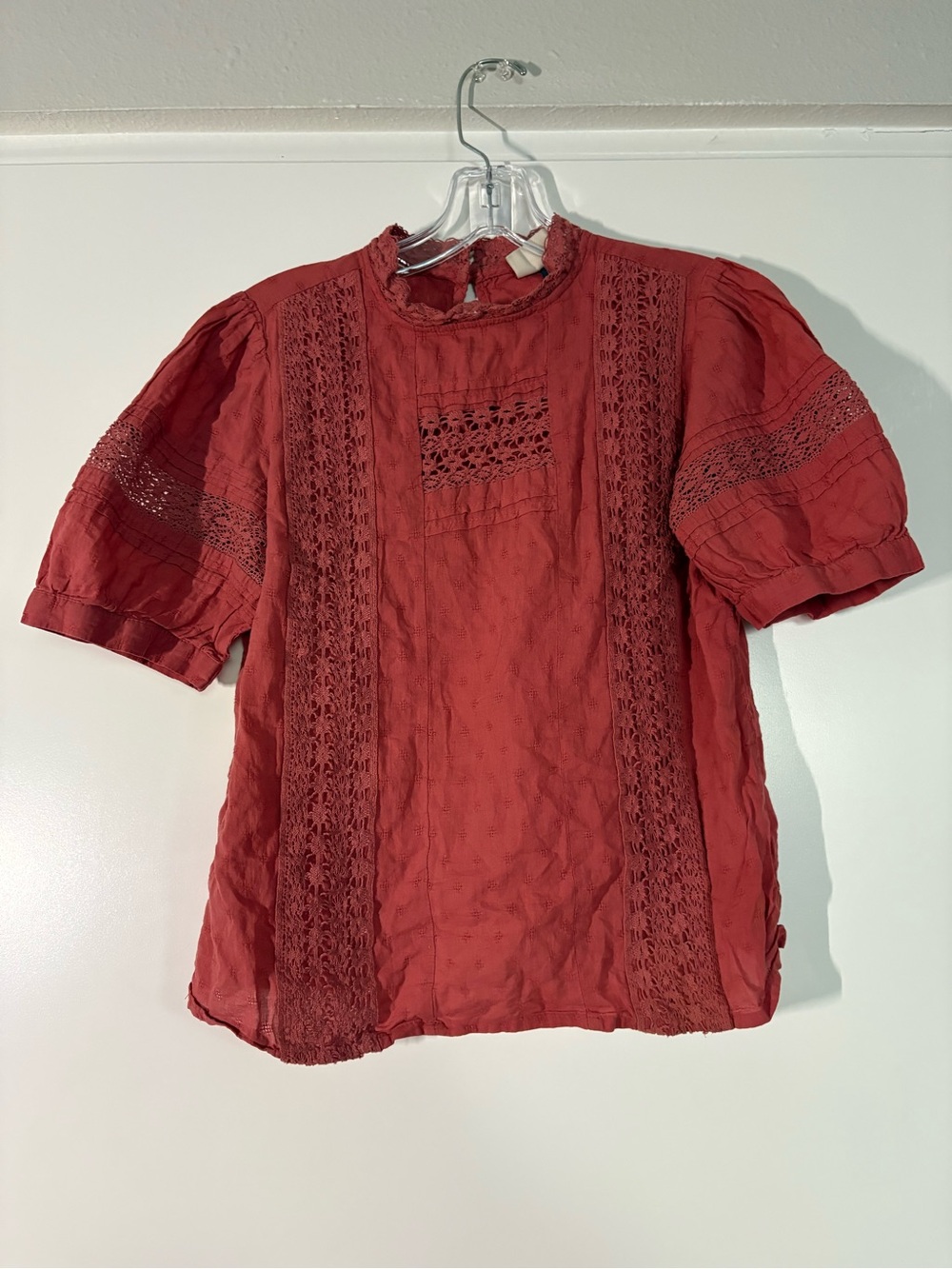 Universal Thread 100% Cotton High Neck Rust Blouse w/Lace Details